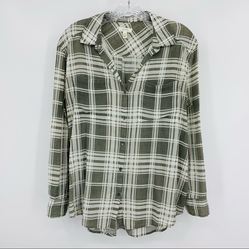 Soft Joie Blouse Cotton Crepe Green Plaid Size XS